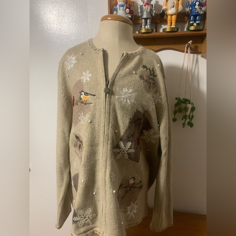 Croft & Barrow Embroidered Cardinal Winter Zip Cardigan Silk Blend Patchwork XL - Picture 8 of 16